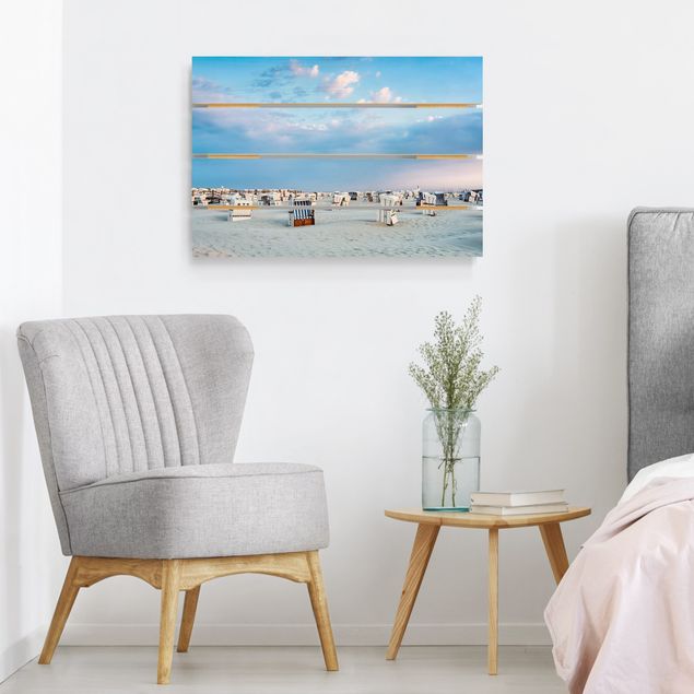Obrazy na drewnie Krzesła plażowe nad Morzem Północnym