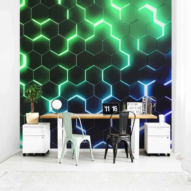 Tapeta geometryczna Structured Hexagons With Neon Light In Green And Blue