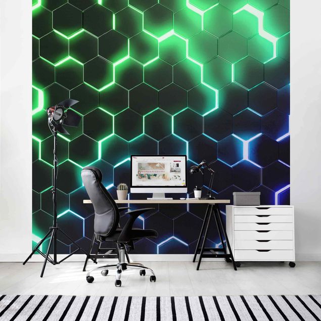 Czarna tapeta Structured Hexagons With Neon Light In Green And Blue