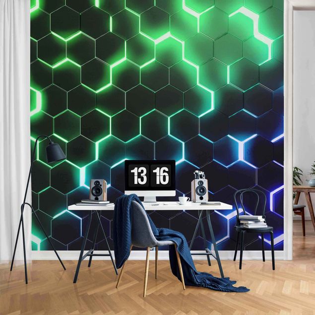 Fototapety 3d Structured Hexagons With Neon Light In Green And Blue