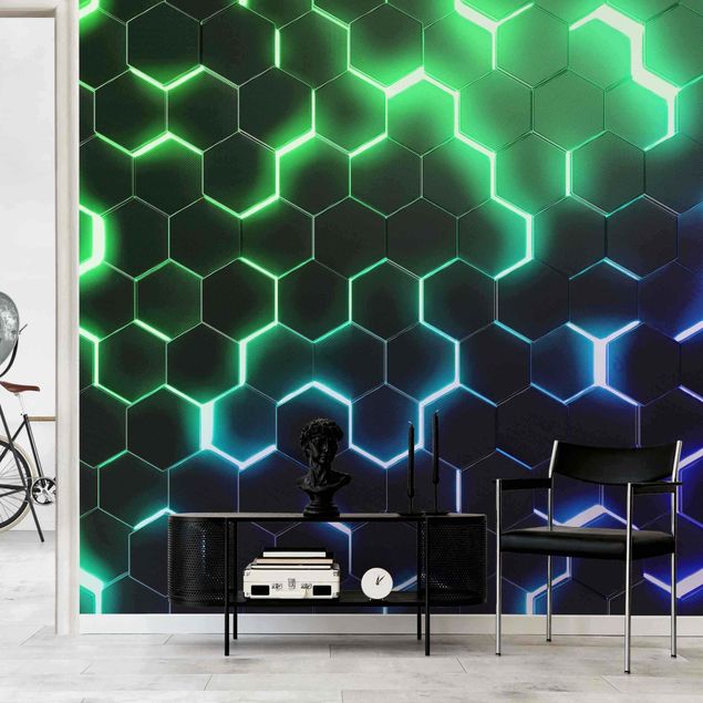 Tapety Structured Hexagons With Neon Light In Green And Blue