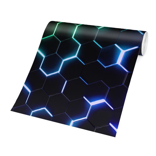 Fototapety Structured Hexagons With Neon Light In Green And Blue