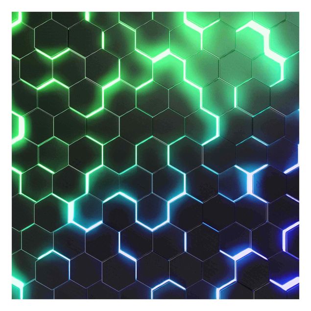 Fototapeta - Structured Hexagons With Neon Light In Green And Blue