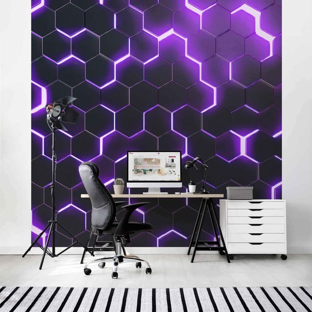 Tapeta wzory geometryczne Structured Hexagons With Neon Light In Purple