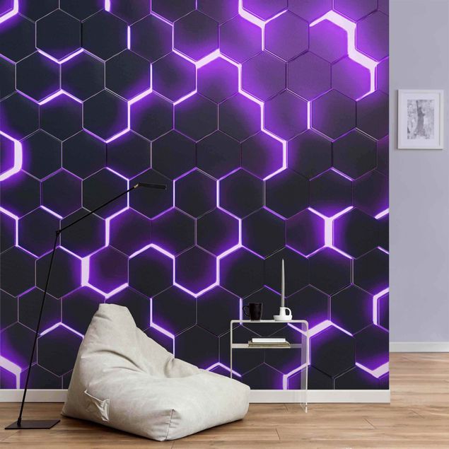 Tapety czarne Structured Hexagons With Neon Light In Purple