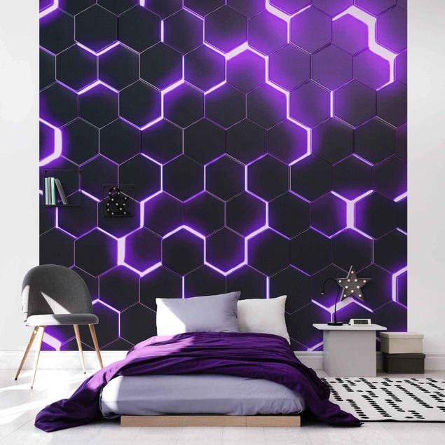 Fototapeta 3d Structured Hexagons With Neon Light In Purple