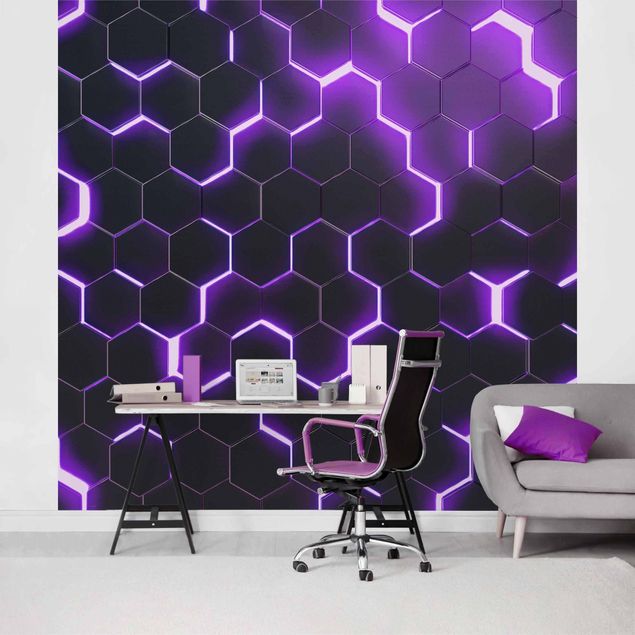 Tapeta ścienna Structured Hexagons With Neon Light In Purple
