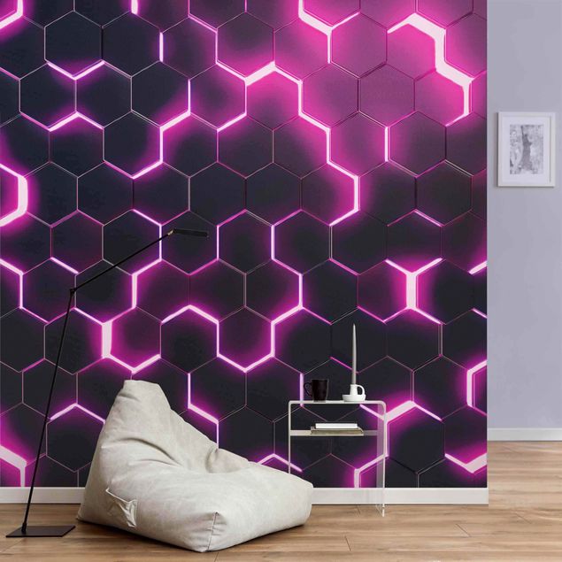 Tapeta geometryczna Structured Hexagons With Neon Light In Pink