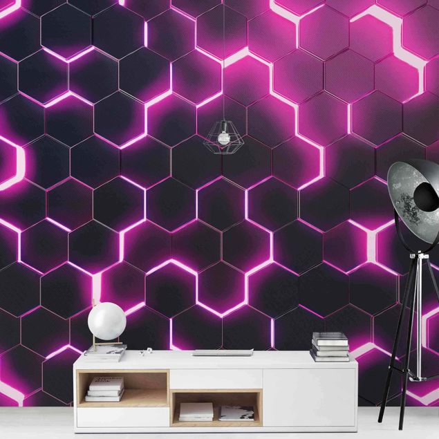Czarna tapeta Structured Hexagons With Neon Light In Pink