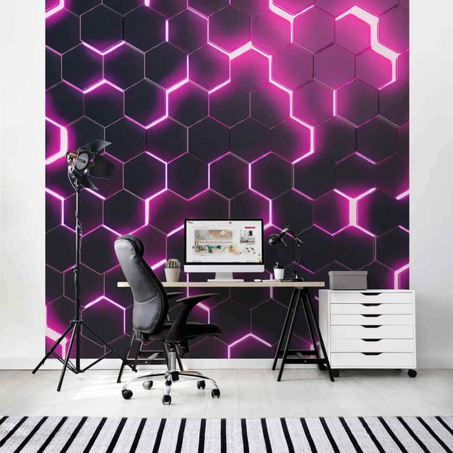 Fototapety 3d Structured Hexagons With Neon Light In Pink