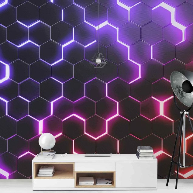 Tapeta wzory geometryczne Structured Hexagons With Neon Light In Pink And Purple
