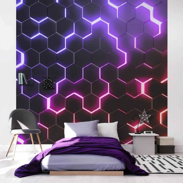 Tapety czarne Structured Hexagons With Neon Light In Pink And Purple