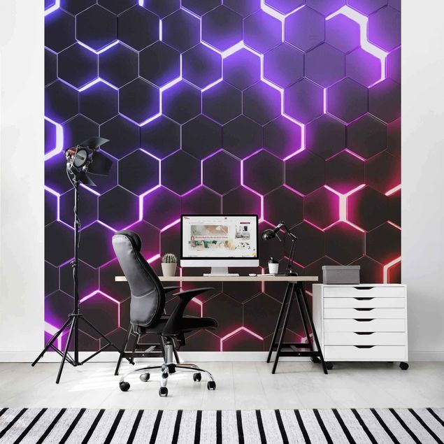 Fototapeta 3d Structured Hexagons With Neon Light In Pink And Purple