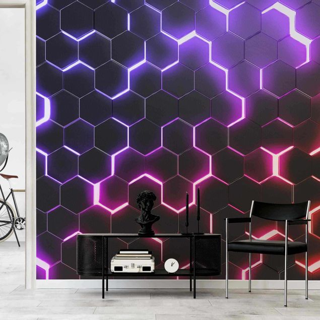 Tapeta ścienna Structured Hexagons With Neon Light In Pink And Purple