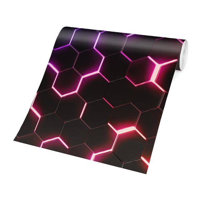 Fototapety Structured Hexagons With Neon Light In Pink And Purple
