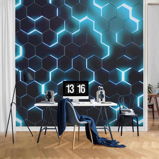 Tapeta geometryczna Structured Hexagons With Neon Light In Turquoise