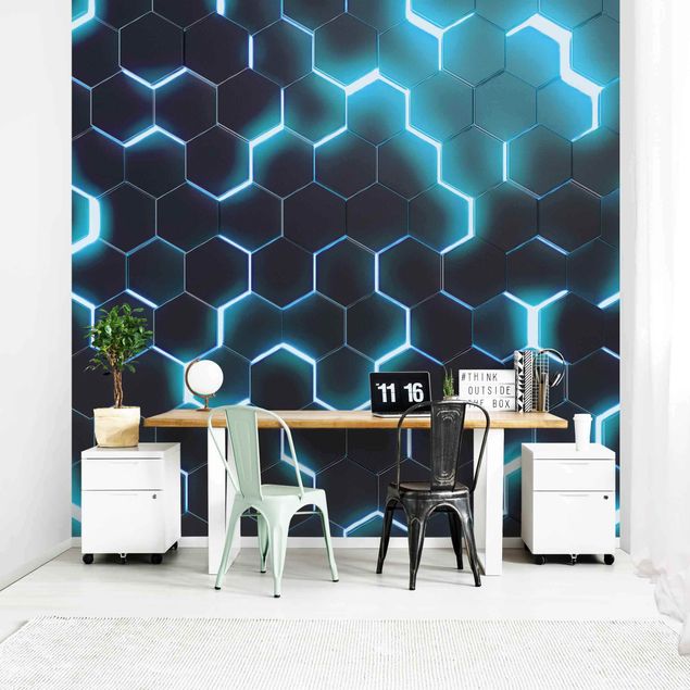 Czarna tapeta Structured Hexagons With Neon Light In Turquoise
