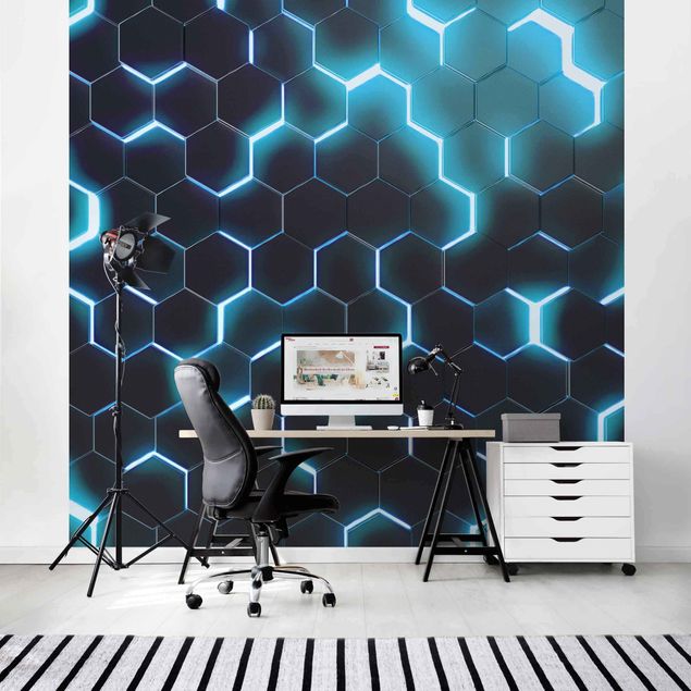 Fototapety 3d Structured Hexagons With Neon Light In Turquoise