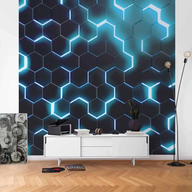 Tapety Structured Hexagons With Neon Light In Turquoise