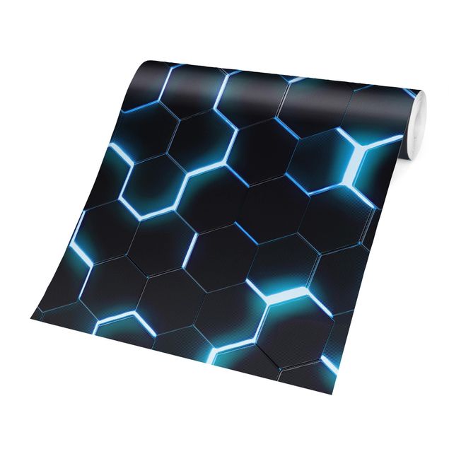 Fototapety Structured Hexagons With Neon Light In Turquoise