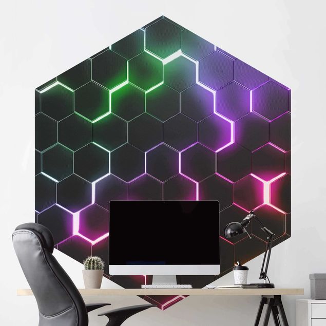 Czarna tapeta Hexagonal Pattern With Neon Light