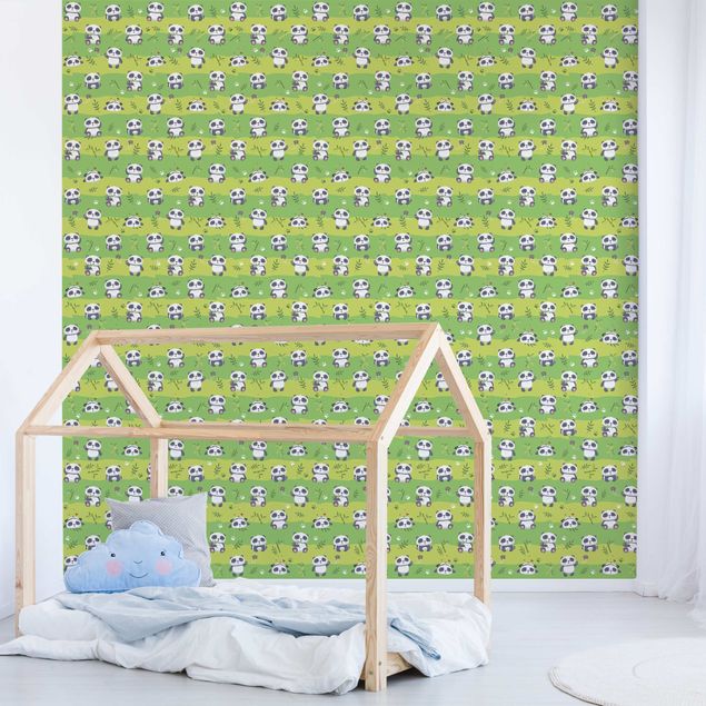 Pokój niemowlęcy i dziecięcy  Śliczna tapeta z misiami panda zielona