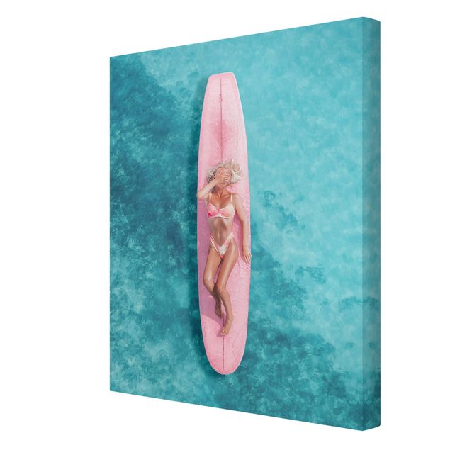Obraz turkusowy Surfer Girl With Pink Board