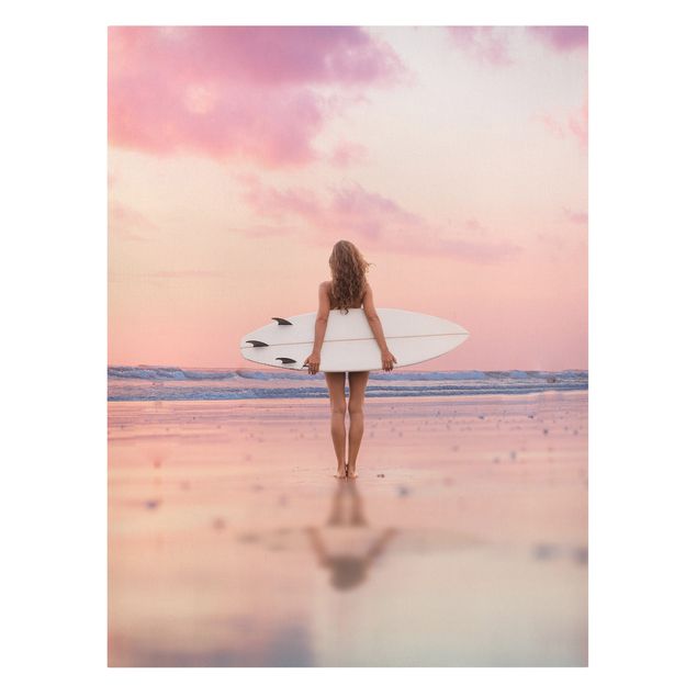 Obraz morze plaża Surfer Girl With Board At Sunset