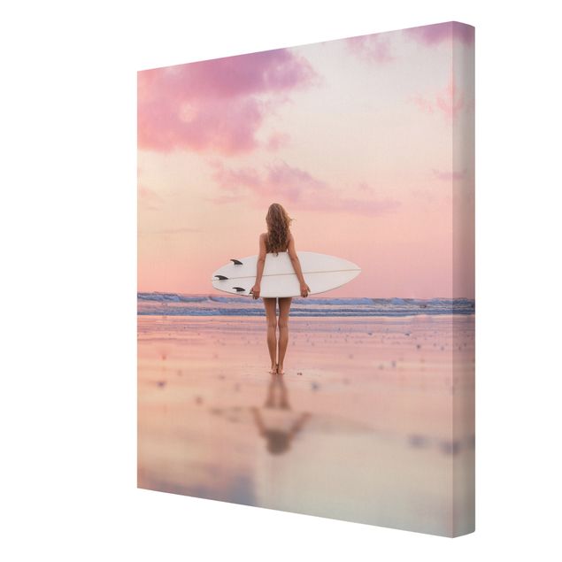 Obrazy na płótnie zachód słońca Surfer Girl With Board At Sunset