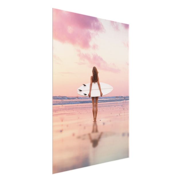 Obrazy do salonu Surfer Girl With Board At Sunset