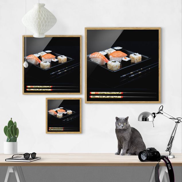 Obraz czarny Talerz do sushi z pałeczkami Czarny