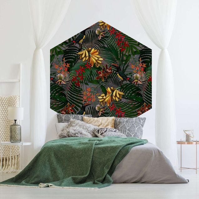 Tapeta w kwiaty Paprocie tropikalne z zielenią tukanową