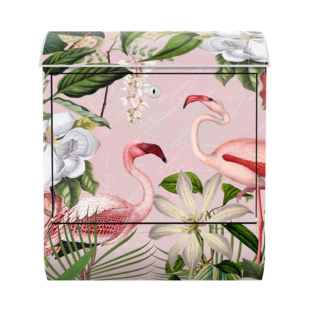 Skrzynka na listy Tropikalne flamingi z roślinami w kolorze różowym
