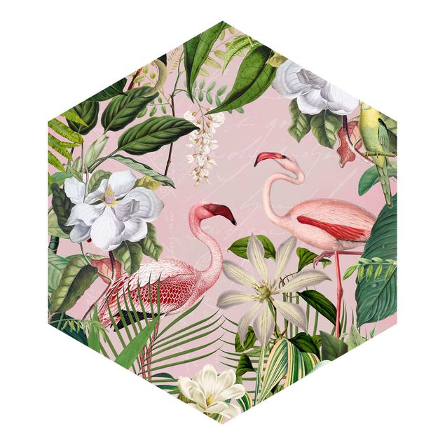 Andrea Haase obrazy  Tropikalne flamingi z roślinami w kolorze różowym