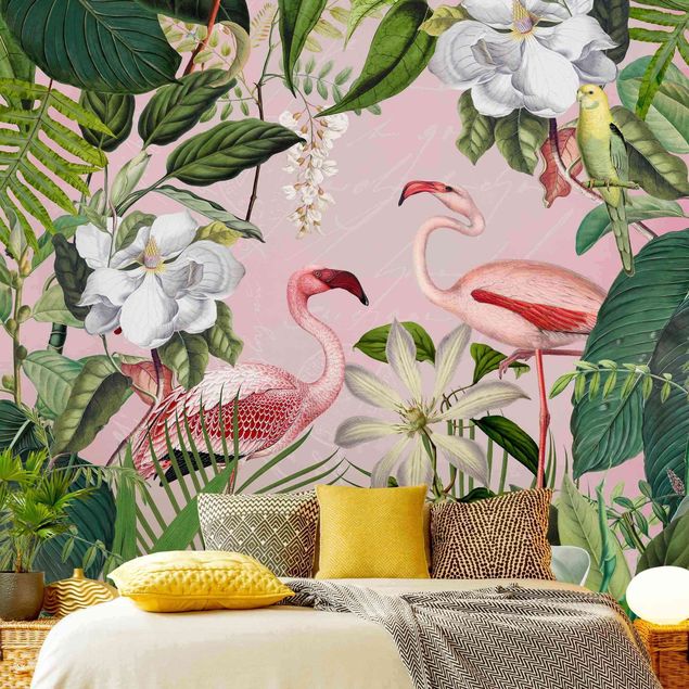 Różowa tapeta Tropical Flamingos With Plants In Pink