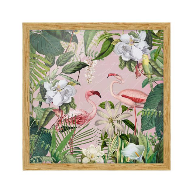 Obrazy w ramie do kuchni Tropikalne flamingi z roślinami w kolorze różowym
