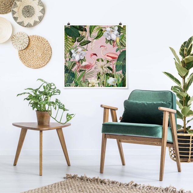 Obrazy do salonu nowoczesne Tropikalne flamingi z roślinami w kolorze różowym