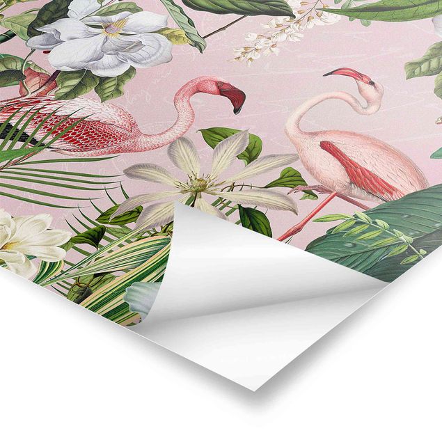 Andrea Haase obrazy  Tropikalne flamingi z roślinami w kolorze różowym