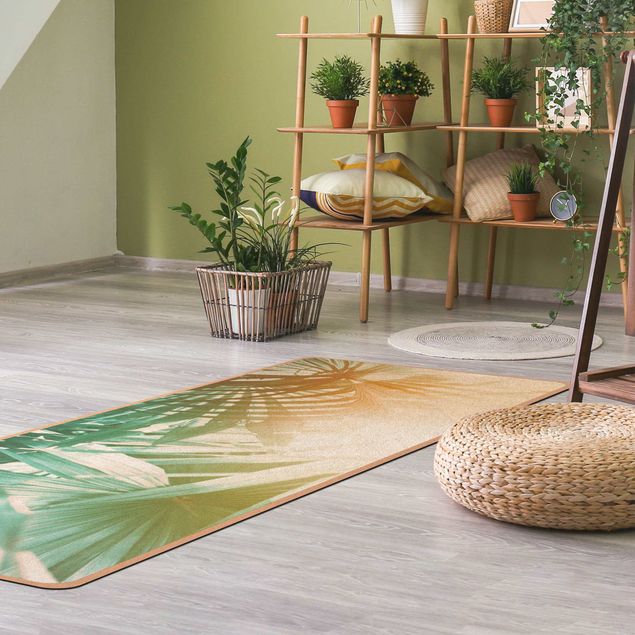 turkusowy dywan Rośliny tropikalne Palmy o zachodzie słońca