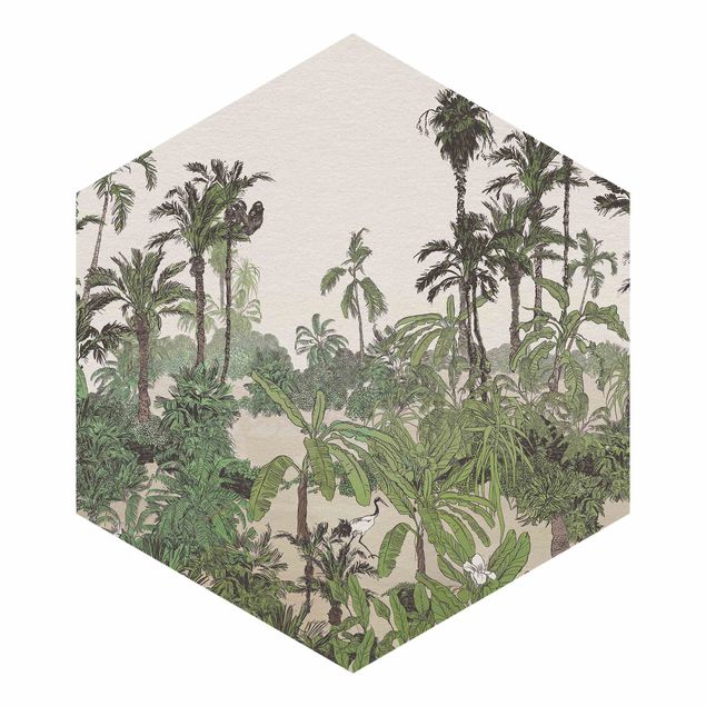 Sześciokątna tapeta samoprzylepna - Rysunek tropikalny - dżungla z akwarelą