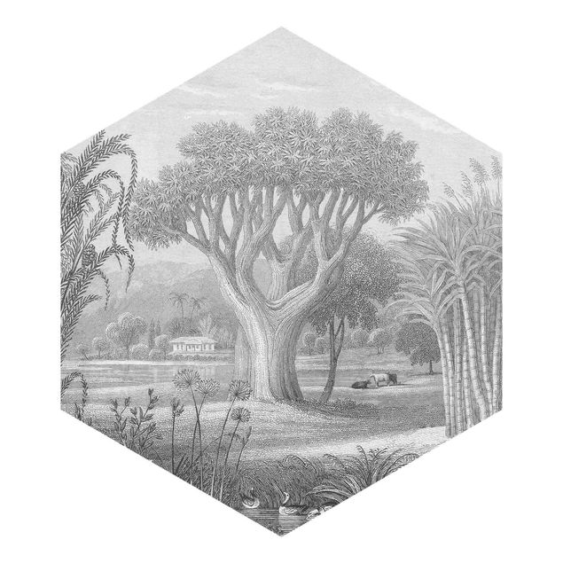 Sześciokątna tapeta samoprzylepna - Tropikalny ogród z miedzianej płyty z oczkiem wodnym w kolorze szarym