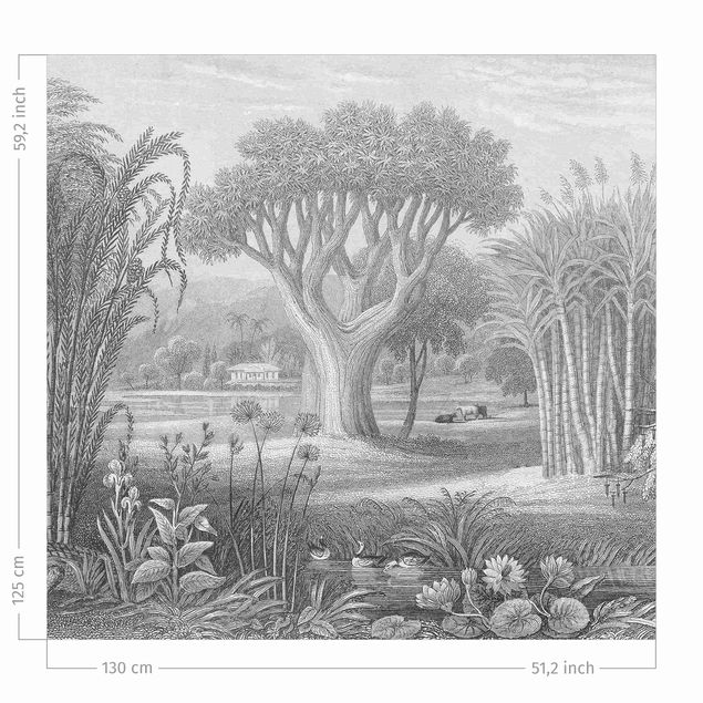 zasłony szyte na wymiar Tropical Copperplate Engraving Garden With Pond In Grey