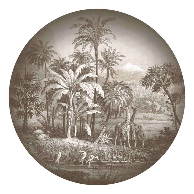 Tapety na ściany Grawerunek na miedzi tropikalnej z żyrafami w kolorze brązowym