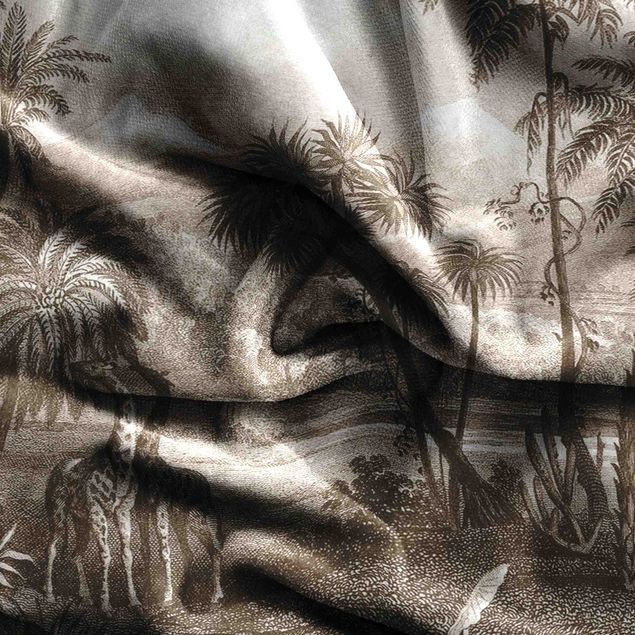Tekstylia domowe Tropical Copperplate Engraving With Giraffes In Brown
