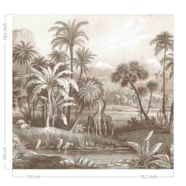 tanie zasłony na wymiar Tropical Copperplate Engraving With Giraffes In Brown