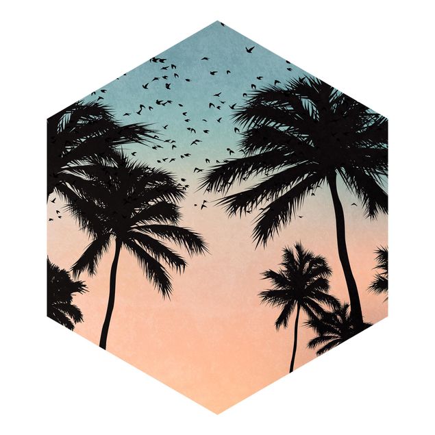 Sześciokątna tapeta samoprzylepna - Tropikalny wschód słońca w kolorze niebiesko-różowym