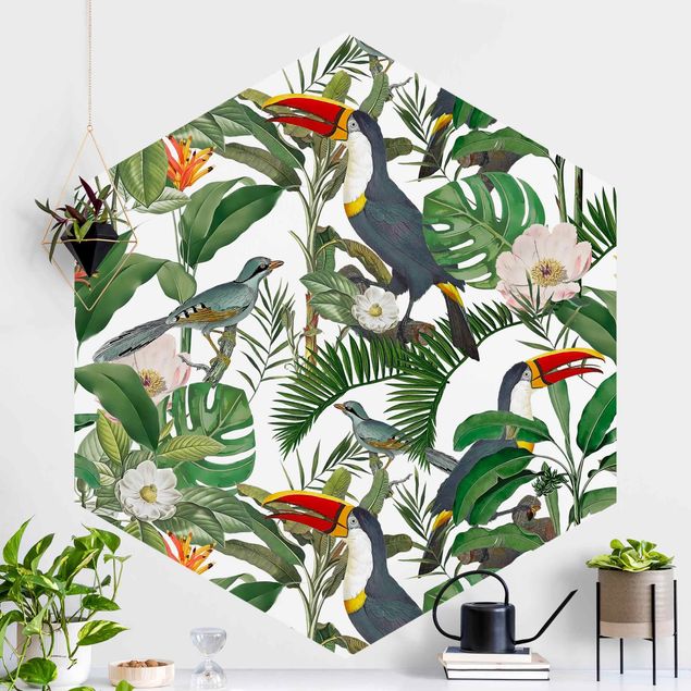 Dekoracja do kuchni Tropikalny tukan z Monstera i liśćmi palmy