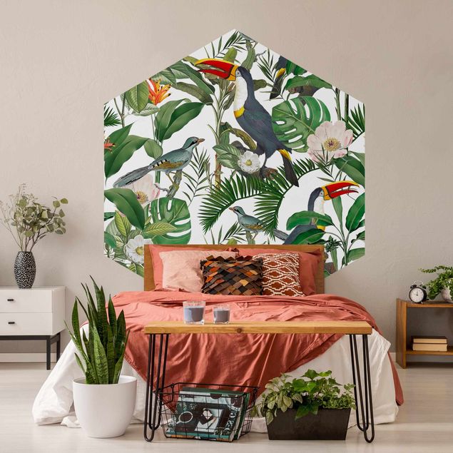 Tapeta w kwiaty Tropikalny tukan z Monstera i liśćmi palmy