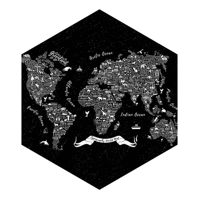 Sześciokątna tapeta samoprzylepna - Typografia mapa świata czarna