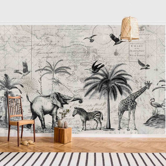 Tapeta flamingi Kolaż w stylu vintage - egzotyczna mapa